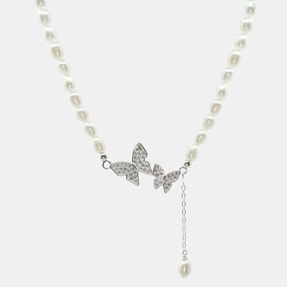 [Weekly Sale] 925 Sterling Gold Freshwater Pearl Butterfly Hip Hop Necklace - Picture 1 of 3